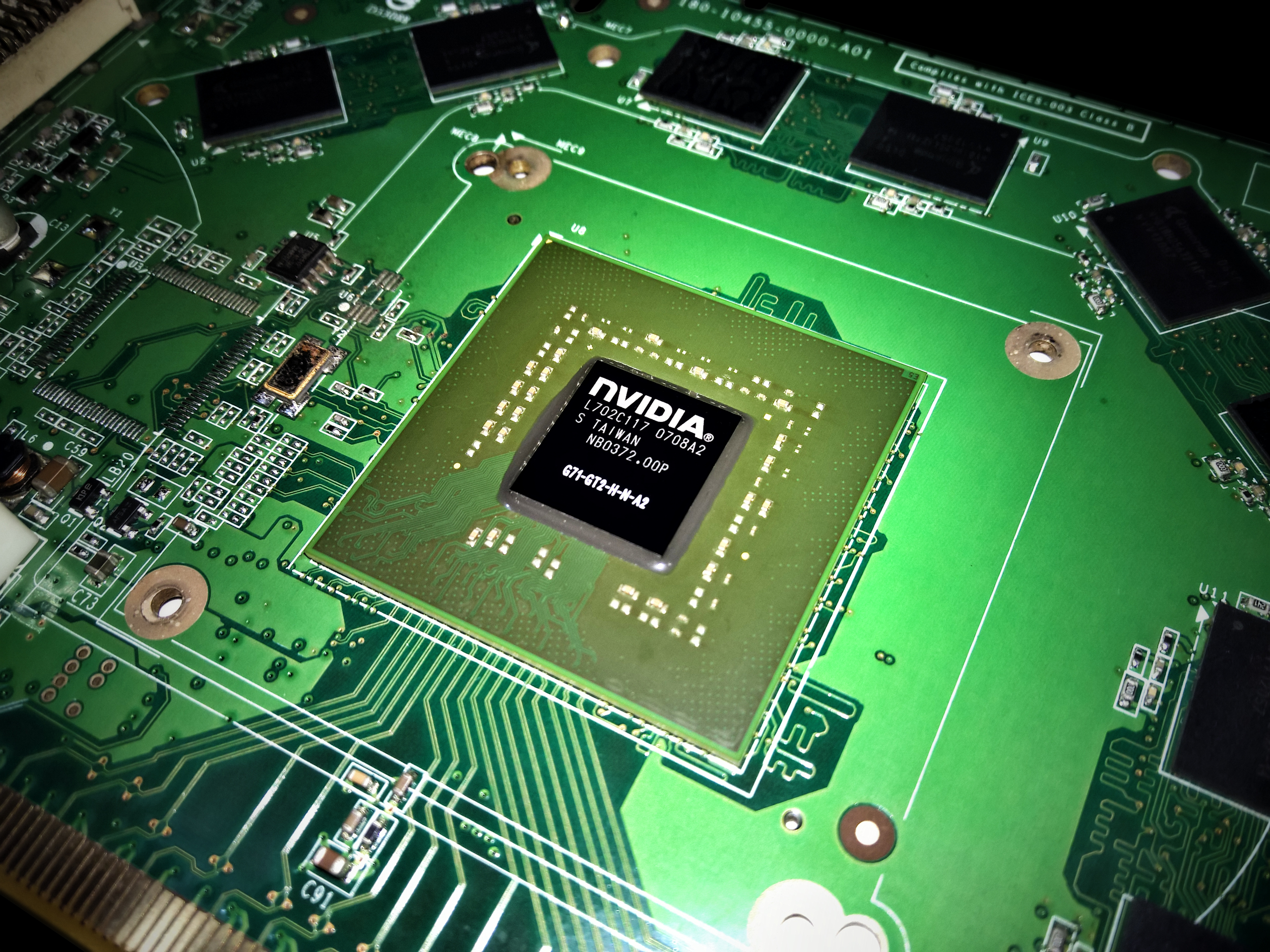A graphics card's processor on its circuit board.