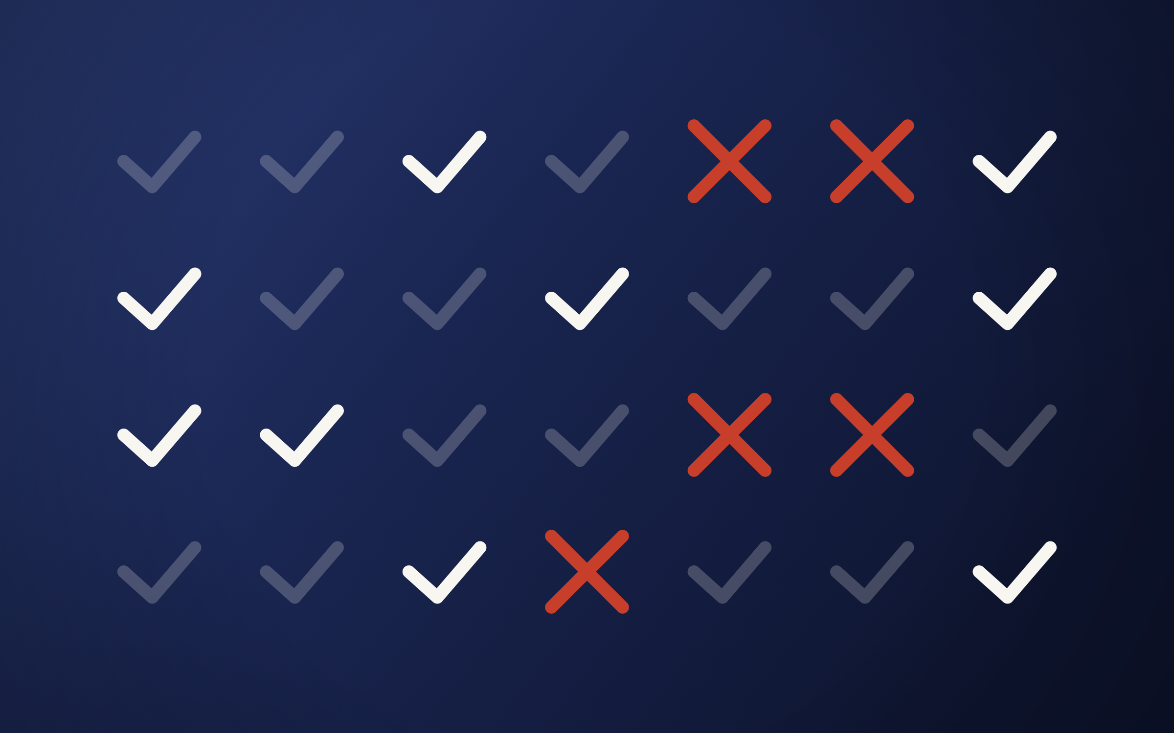 A grid of bordered cells, some marked with a navy tick, some with a red cross.
