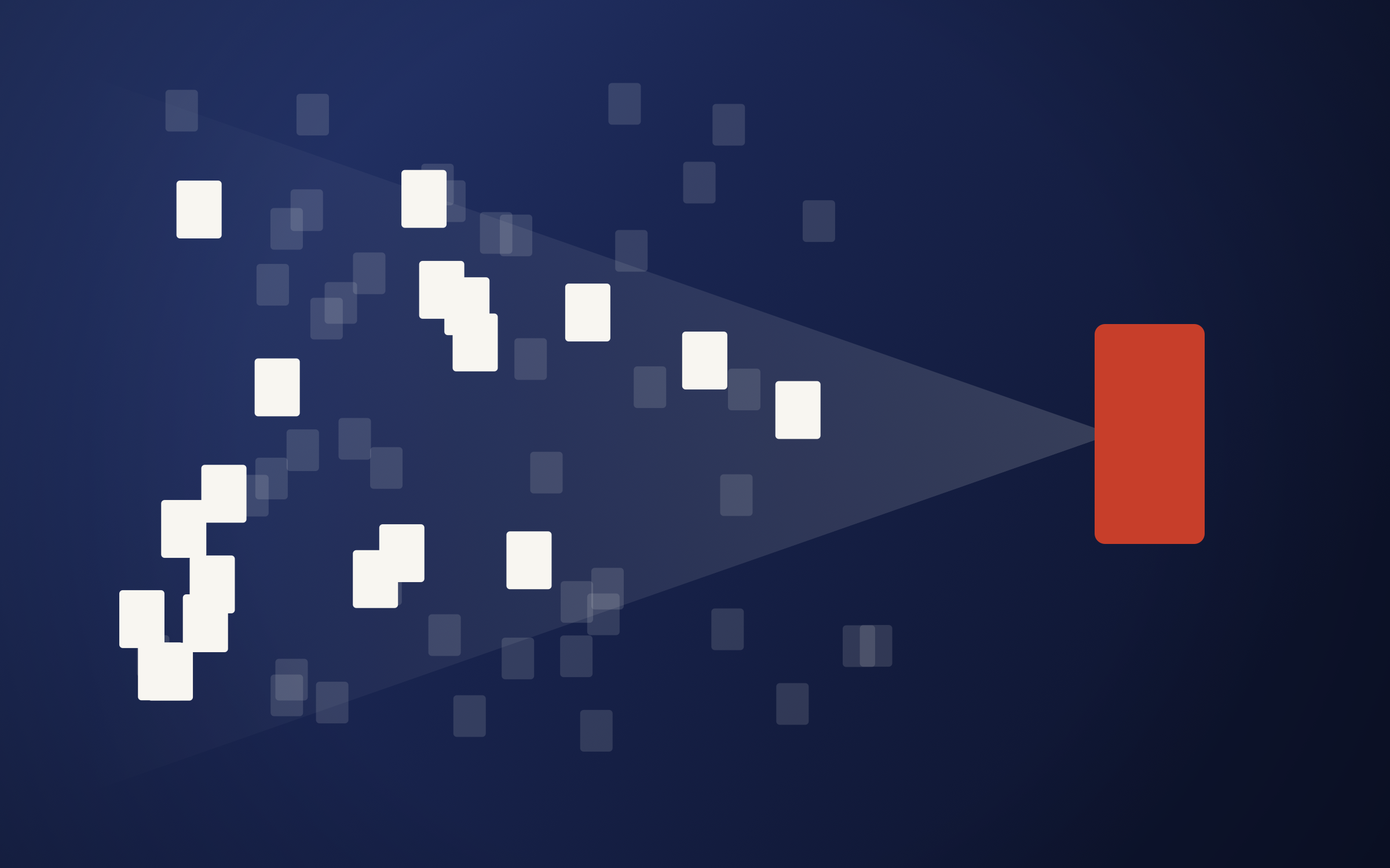 Scattered document marks, a relevant few picked out in red and drawn toward a single block.