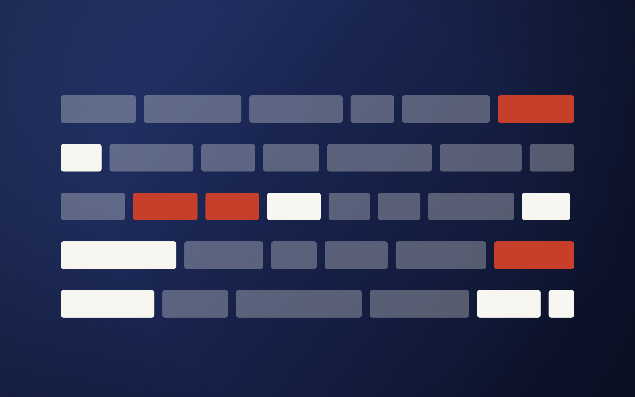 Rows of uneven blocks standing in for text fragments; a few picked out in red.